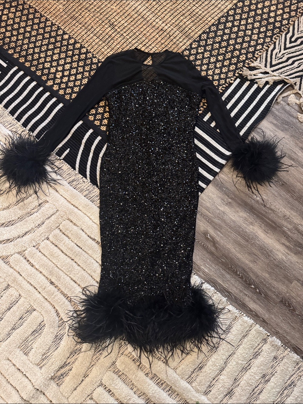 Club L London Black Sequin Midi Dress with Feather Trim
